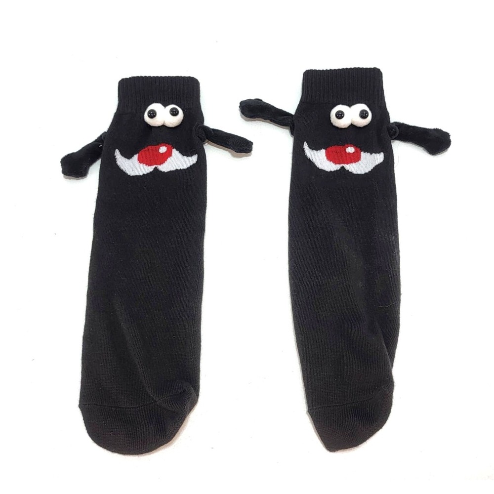 Silly Goofy Face 12" Ankle Black Socks w. Magnetic Clasping Hands‎ Cute Fun Pair